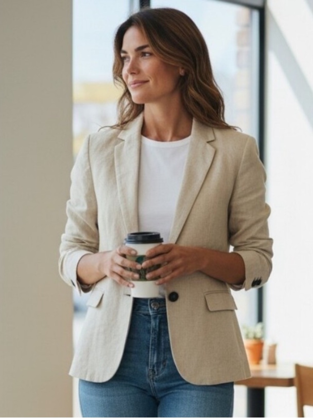 British Khaki Light Cream Linen-Blend Single-Button Blazer size XL